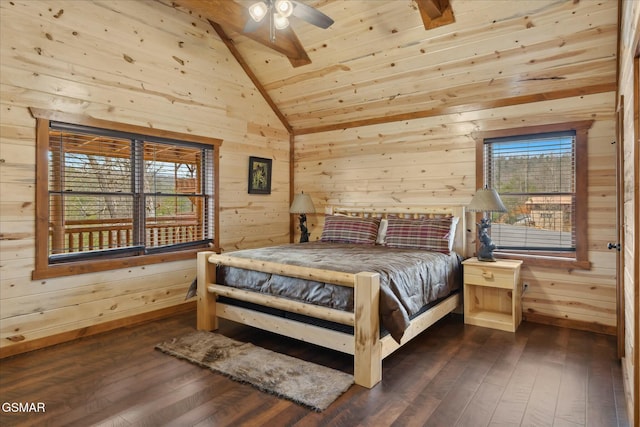 3316 Grace Way, Sevierville, TN 37876 - bedroom with lofted ceiling, wooden walls, dark wood-style flooring, and wood ceiling
