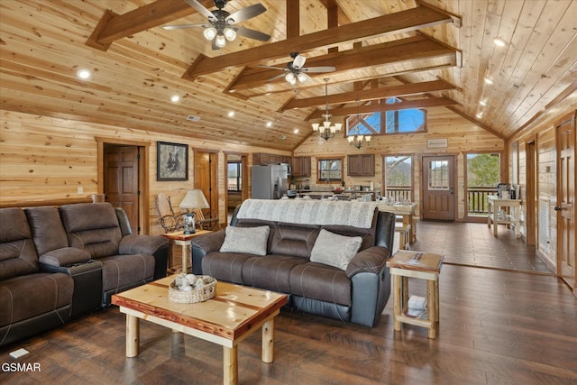 3316 Grace Way, Sevierville, TN 37876 - living area featuring wood walls, ceiling fan, wooden ceiling, beamed ceiling, and a chandelier