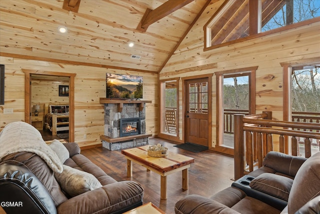 3316 Grace Way, Sevierville, TN 37876 - living room with wood walls, wood ceiling, wood-type flooring, a fireplace, and recessed lighting