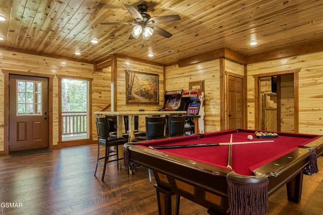 3316 Grace Way, Sevierville, TN 37876 - recreation room with wooden ceiling, wood walls, pool table, ceiling fan, and wood finished floors