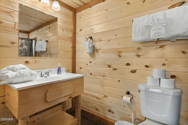 3316 Grace Way, Sevierville, TN 37876 - bathroom with wood walls, wooden ceiling, toilet, vanity, and a shower with shower curtain