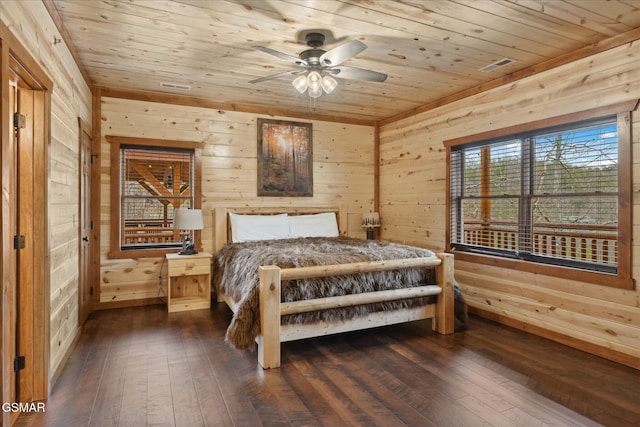 3316 Grace Way, Sevierville, TN 37876 - bedroom featuring wood ceiling, wood walls, and dark wood-style floors