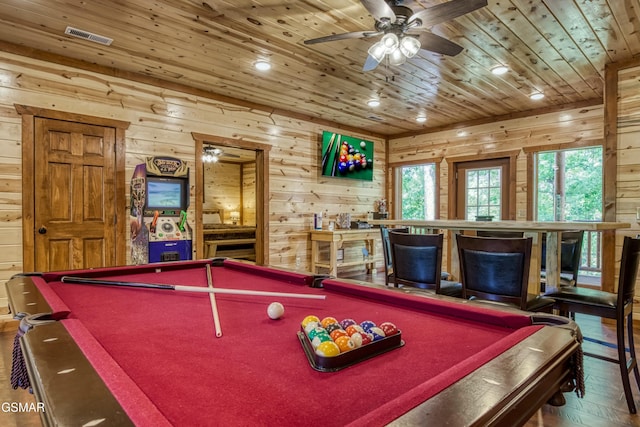 3316 Grace Way, Sevierville, TN 37876 - game room with billiards table, wood ceiling, wooden walls, a ceiling fan, and recessed lighting