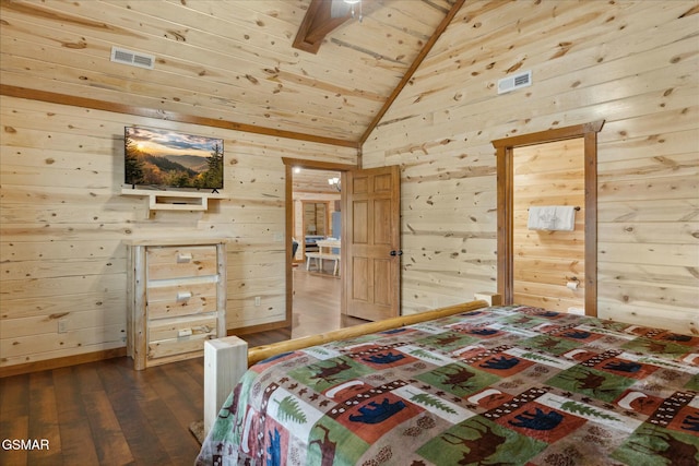 3316 Grace Way, Sevierville, TN 37876 - bedroom featuring wooden walls, dark wood-type flooring, lofted ceiling, wood ceiling, and baseboards