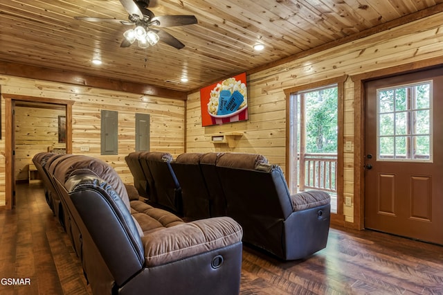 3316 Grace Way, Sevierville, TN 37876 - home theater room with wood ceiling, a ceiling fan, wood walls, wood finished floors, and electric panel