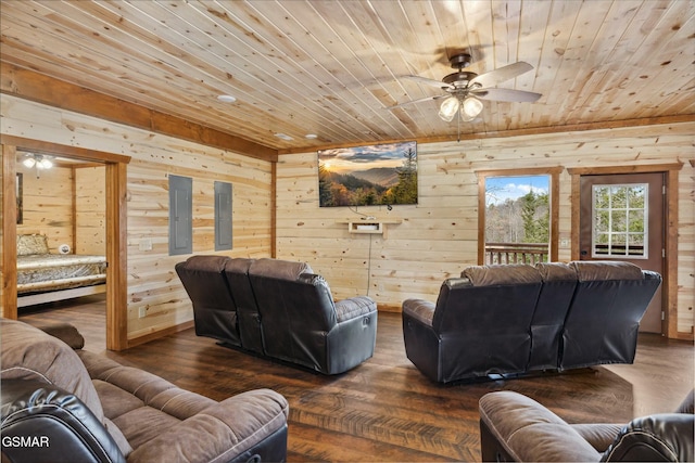 3316 Grace Way, Sevierville, TN 37876 - living area with wood ceiling, ceiling fan, wooden walls, wood-type flooring, and electric panel