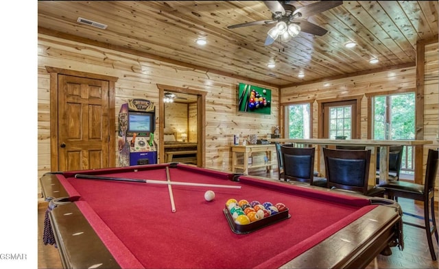 3316 Grace Way, Sevierville, TN 37876 - rec room featuring billiards table, wood walls, wooden ceiling, ceiling fan, and recessed lighting
