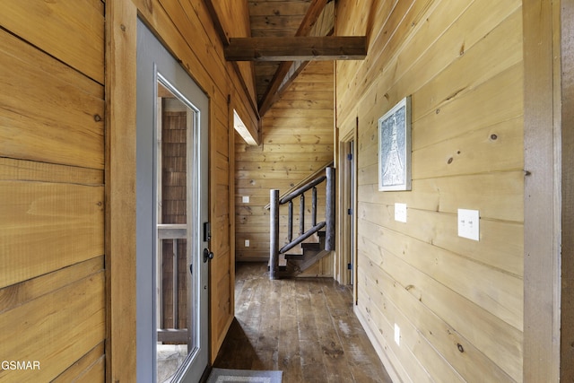 4427 Stackstone Rd, Sevierville, TN 37862 - hallway with wood walls, stairs, dark wood finished floors, and beamed ceiling