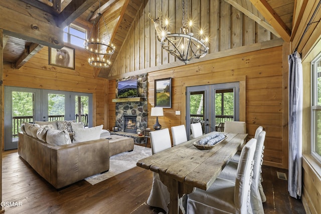 4427 Stackstone Rd, Sevierville, TN 37862 - dining room with french doors, a chandelier, wood walls, wooden ceiling with exposed beams, and plenty of natural light