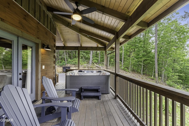 4427 Stackstone Rd, Sevierville, TN 37862 - wooden deck with a hot tub and a ceiling fan