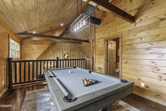 4427 Stackstone Rd, Sevierville, TN 37862 - game room with wood walls, hardwood / wood-style floors, wooden ceiling, and billiards table
