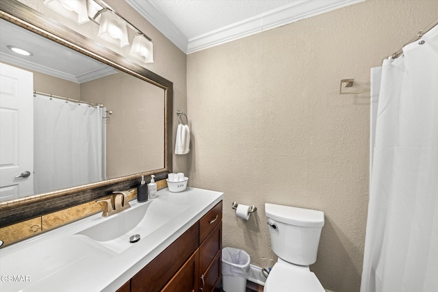 bathroom with vanity, a textured wall, and ornamental molding