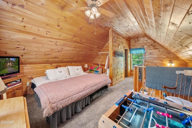 carpeted bedroom with wood ceiling, wood walls, and lofted ceiling