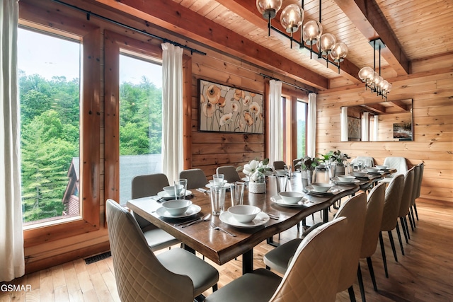 dining space with beam ceiling, wood ceiling, wooden walls, and light hardwood / wood-style flooring