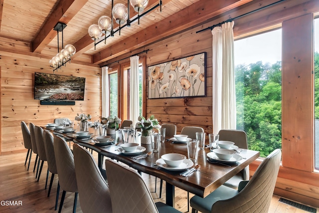 dining space with wooden walls, beam ceiling, an inviting chandelier, wooden ceiling, and light hardwood / wood-style floors