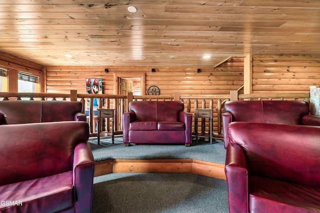 interior space with carpet, wooden ceiling, and log walls