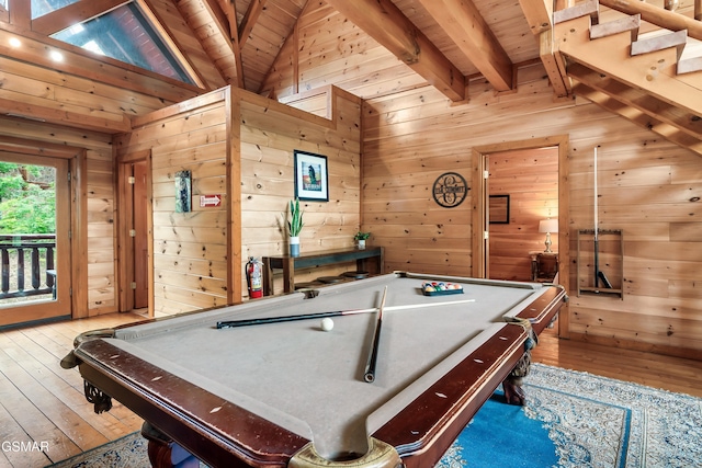 game room with wood walls, wooden ceiling, and billiards