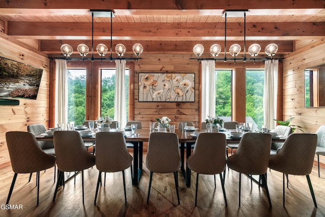 dining space featuring beam ceiling, hardwood / wood-style flooring, wooden walls, and wood ceiling