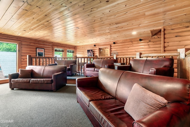 living room featuring carpet flooring, rustic walls, and wooden ceiling