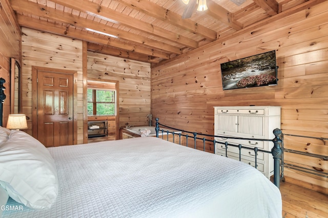 bedroom featuring beam ceiling, wooden ceiling, and wooden walls