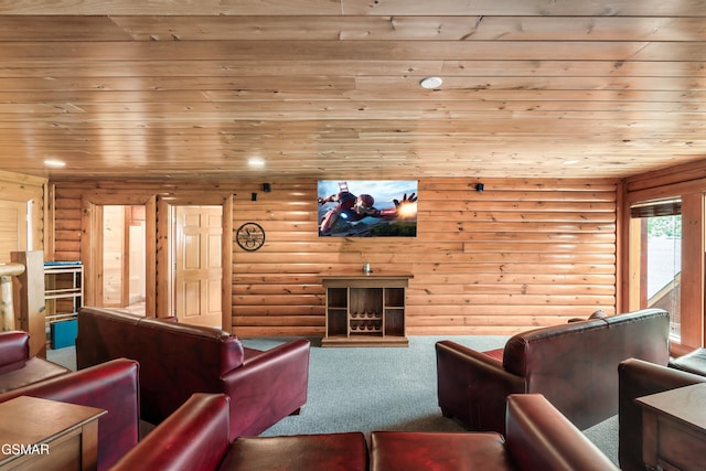 living room with carpet floors, rustic walls, and wood ceiling