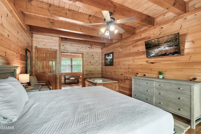 bedroom with wood walls, ceiling fan, beam ceiling, and wooden ceiling