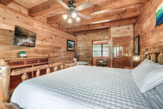 bedroom with beamed ceiling, wooden walls, ceiling fan, and wooden ceiling