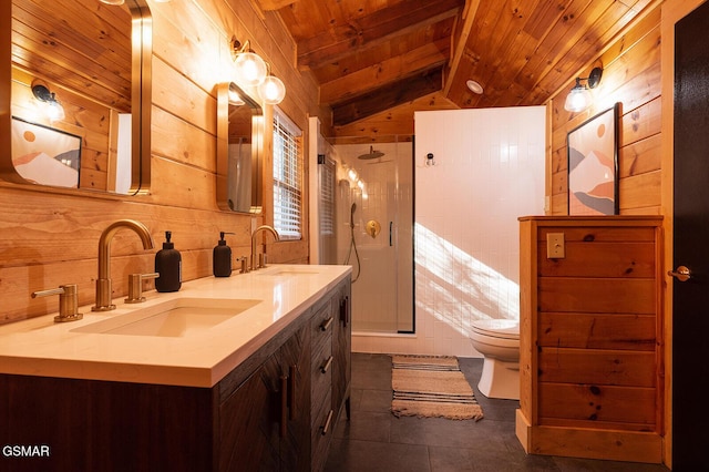 1317 Old Knoxville Hwy, Sevierville, TN 37876 - bathroom with wooden ceiling, lofted ceiling, wood walls, double vanity, and a shower stall