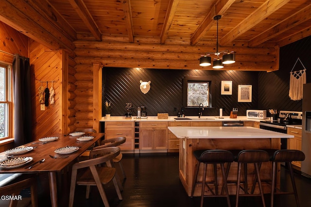 1317 Old Knoxville Hwy, Sevierville, TN 37876 - bar area with rustic walls, stainless steel range with electric cooktop, a sink, dark wood-style floors, and a chandelier