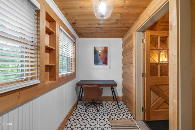 1317 Old Knoxville Hwy, Sevierville, TN 37876 - corridor with tile patterned floors, baseboards, wooden walls, and wooden ceiling