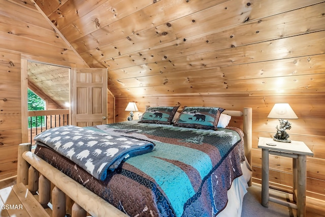 carpeted bedroom featuring wooden walls, wood ceiling, and lofted ceiling
