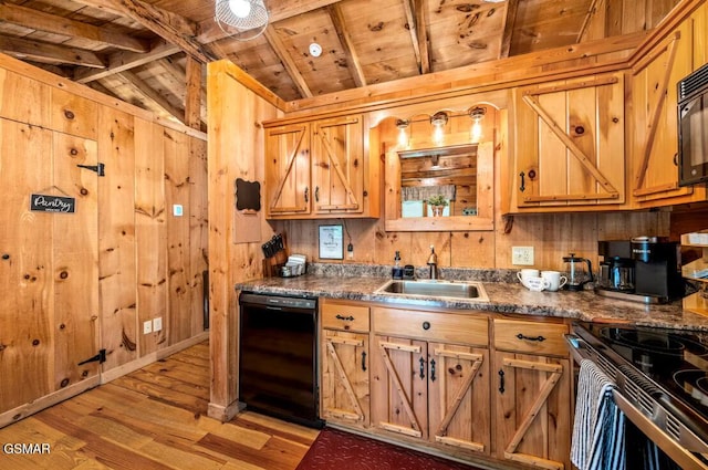 3110 Cove Creek Way, Sevierville, TN 37862 - kitchen featuring black appliances, wooden ceiling, light wood-style floors, wooden walls, and dark countertops