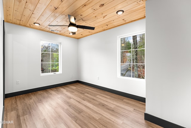 unfurnished room featuring wood ceiling, light hardwood / wood-style floors, and ceiling fan