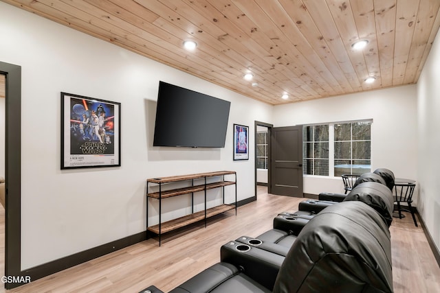 living room with light wood-type flooring and wood ceiling