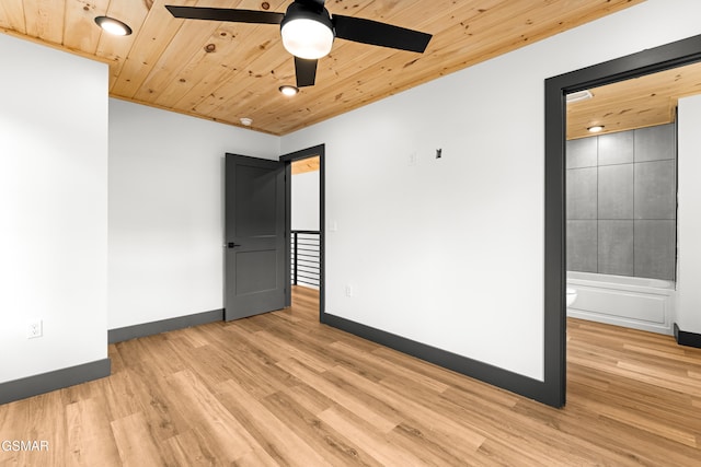 empty room featuring wood ceiling, ceiling fan, and light hardwood / wood-style flooring