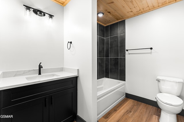 bathroom featuring vanity, wood-type flooring, wooden ceiling, and toilet