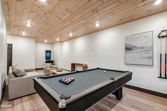 recreation room with pool table, light hardwood / wood-style floors, and wooden ceiling