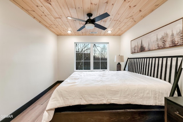 bedroom with wood ceiling, ceiling fan, and light hardwood / wood-style floors