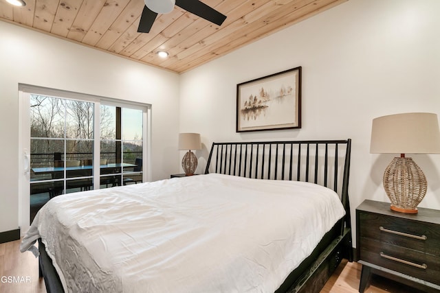 bedroom featuring ceiling fan, access to outside, wooden ceiling, and light wood-type flooring