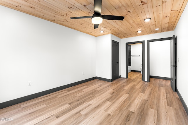 unfurnished bedroom with wood ceiling, light hardwood / wood-style floors, and ceiling fan