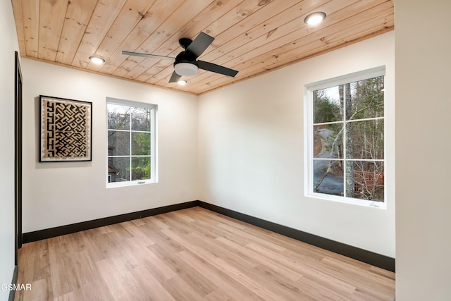 unfurnished room with wood ceiling, ceiling fan, and light wood-type flooring