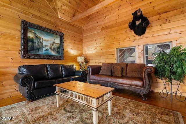 living room featuring wood ceiling, wooden walls, vaulted ceiling with beams, and wood finished floors