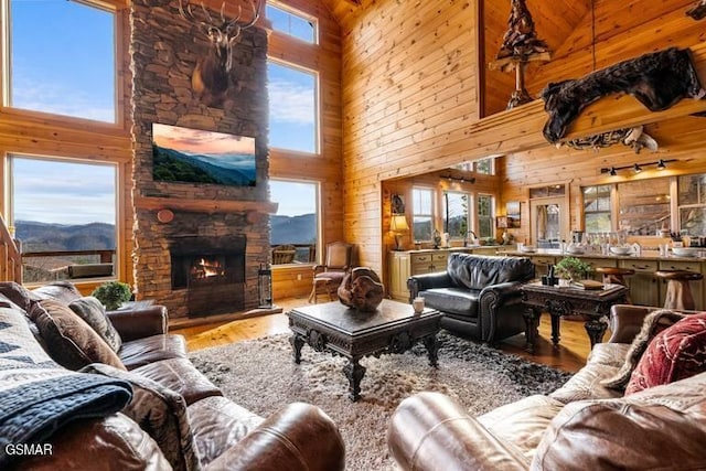 living room with a high ceiling, wood finished floors, a fireplace, and wood walls