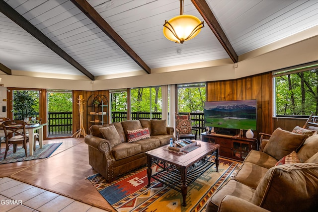 1923 E Arolla Ct, Gatlinburg, TN 37738 - living area with beam ceiling, plenty of natural light, wood finished floors, and wood walls