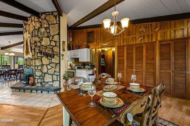 1923 E Arolla Ct, Gatlinburg, TN 37738 - dining room with a chandelier, wooden walls, and light wood-type flooring
