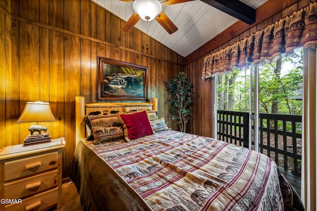 1923 E Arolla Ct, Gatlinburg, TN 37738 - bedroom with vaulted ceiling, access to exterior, wood walls, and a ceiling fan