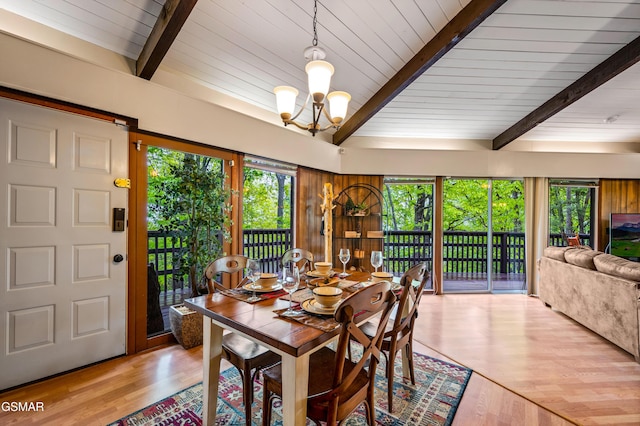 1923 E Arolla Ct, Gatlinburg, TN 37738 - dining area featuring a chandelier, light wood-style flooring, and a wood ceiling with exposed beams