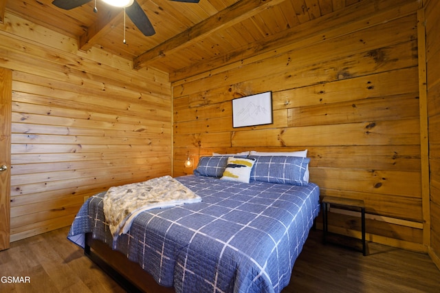 bedroom with wood ceiling, dark wood-type flooring, wooden walls, ceiling fan, and beam ceiling