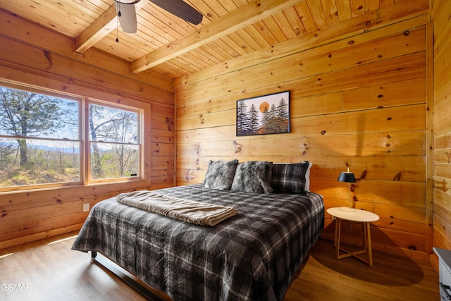 bedroom with ceiling fan, wood ceiling, beamed ceiling, and wood walls