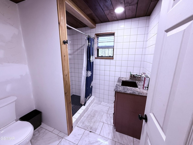 bathroom featuring walk in shower, vanity, toilet, and wooden ceiling